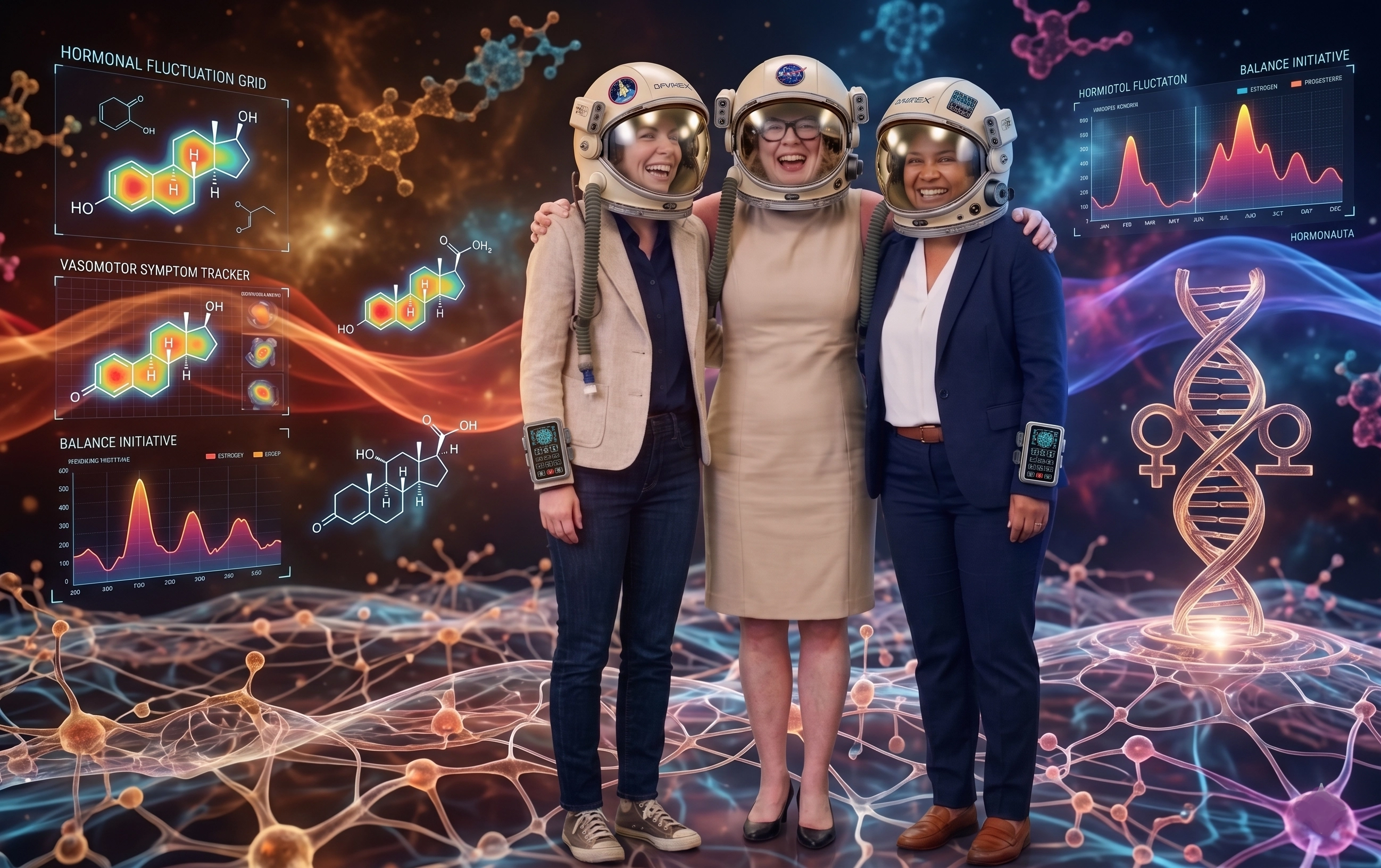 Tres mujeres con cascos de astronauta rodeadas de gráficos científicos hormonales
